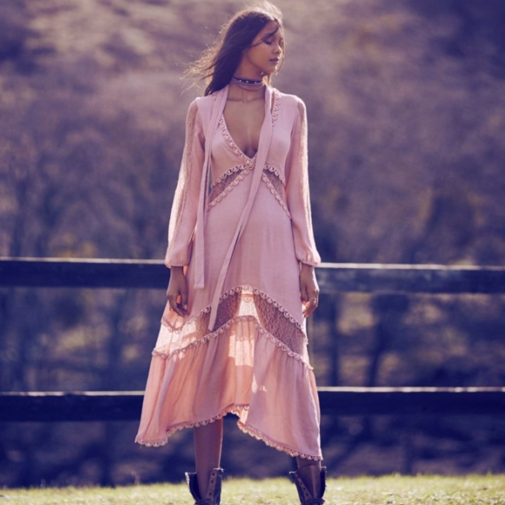 For Love & Lemons Fall 2016: pink long-sleeve maxi dress